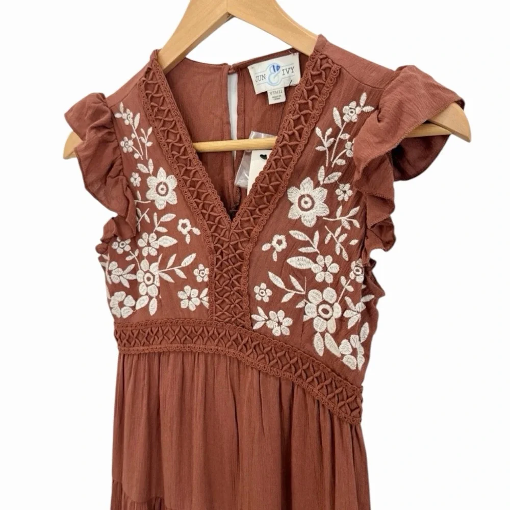 Boho Floral Embroidered Ruffle Tiered Mini Dress Rust Orange Terracotta Size 12
